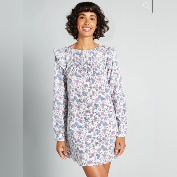 Modcloth Floral Prairie Doll Mini Dress Ruffle Shoulder Purple Blue M NWT - Picture 1 of 13